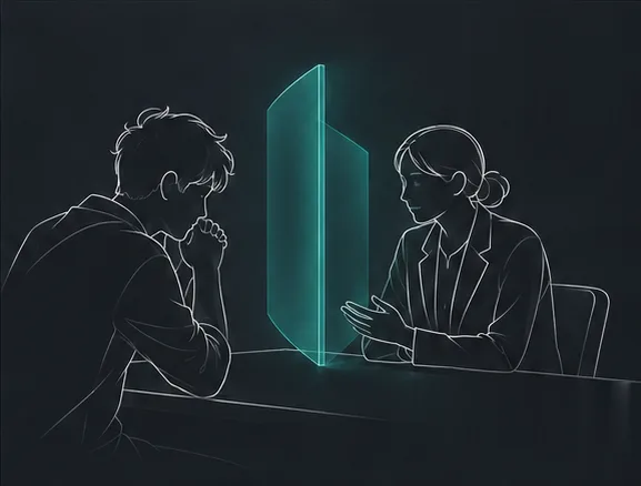 테이블을 사이에 두고 고개 숙인 사람과 상담사가 마주 앉은 선화 일러스트, 둘 사이에 빛나는 청록색 방패